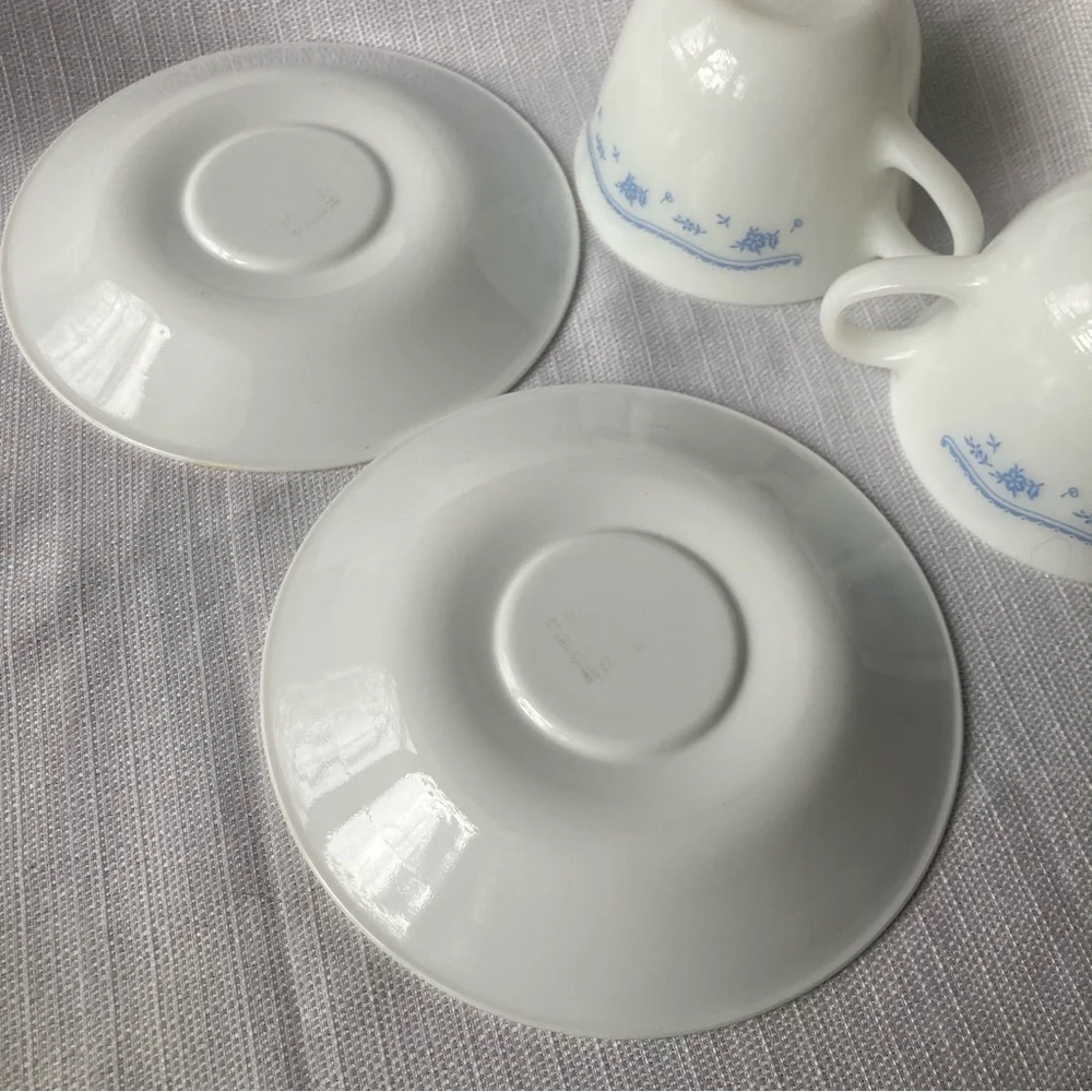 Pair of 'Morning Blue' Pyrex Cups and Corelle Saucers (see photos & description)